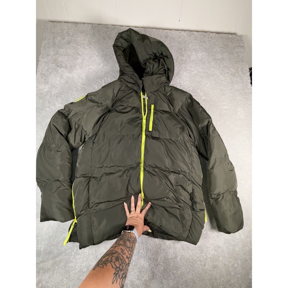 Fabletics Womens Green Hooded Puffer Jacket With Neon Zippers Coat Size M
